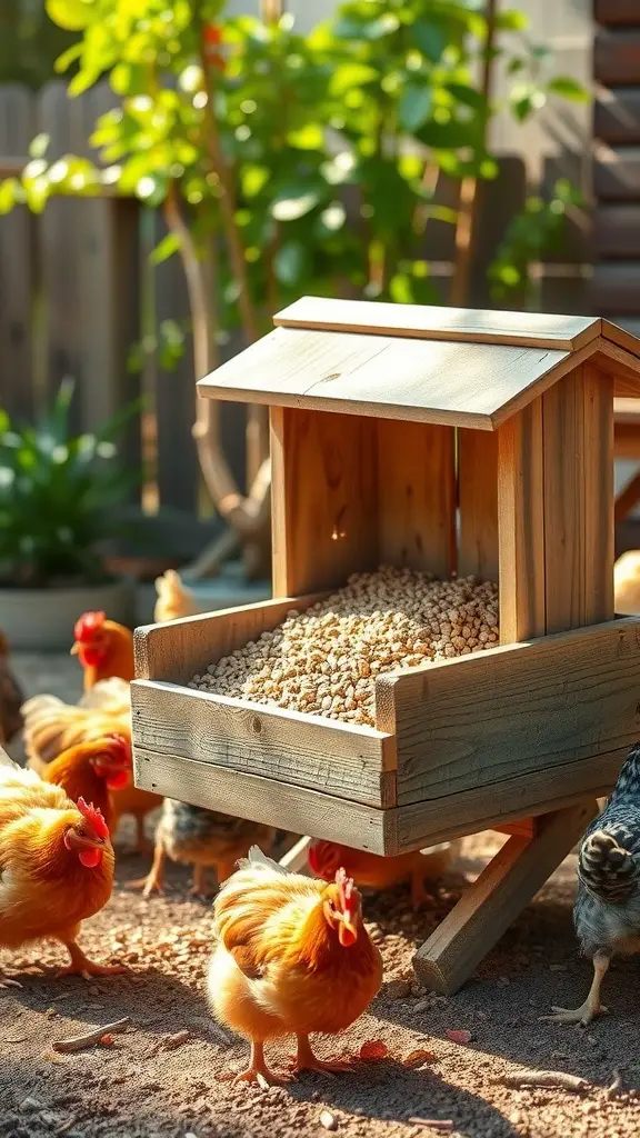 A wooden box chicken feeder with chickens around it