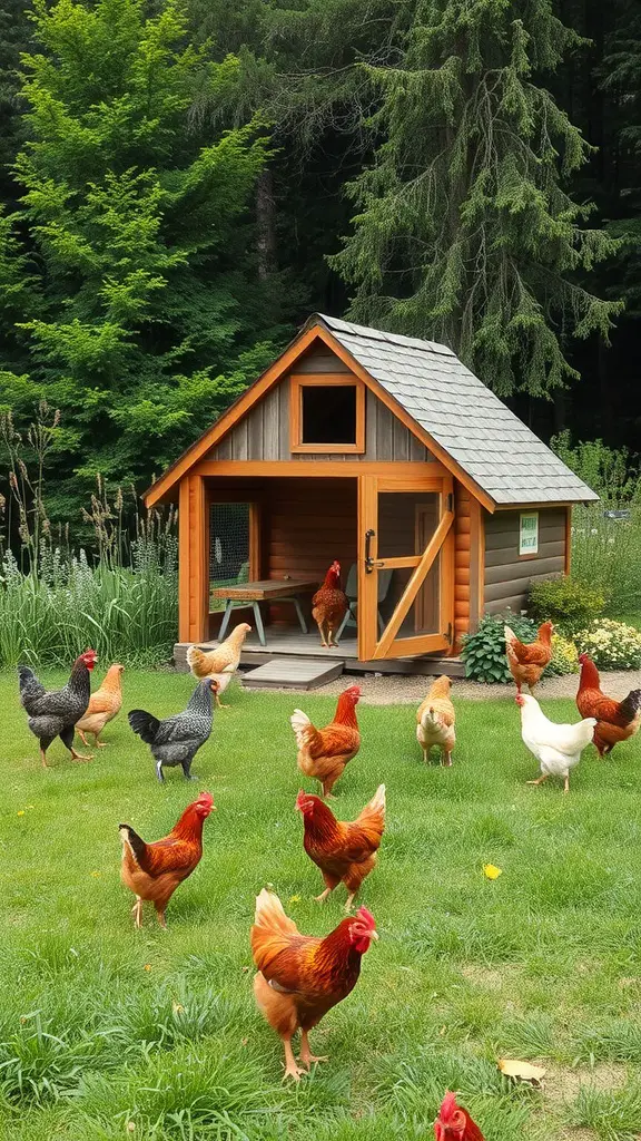 A charming A-Frame chicken coop with chickens roaming around in a green yard