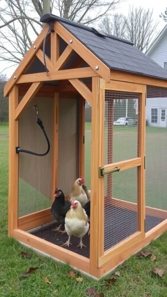 A stylish A-frame chicken pen with three chickens in front.