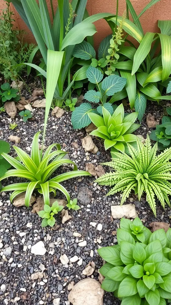 A small garden featuring various plants with different textures and colors, including tall green leaves and broad round leaves, with rocks and gravel in the soil.