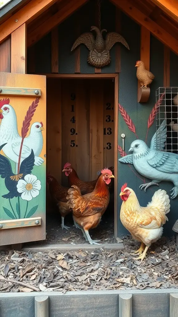 A beautifully designed chicken coop with vibrant artwork and decorative features.