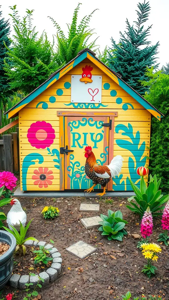 A colorful chicken coop with floral designs, a rooster in front, and vibrant flowers around.
