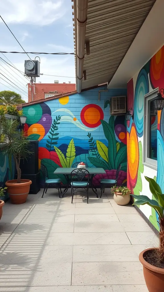 A colorful mural on a patio wall with plants and a table set for outdoor dining.