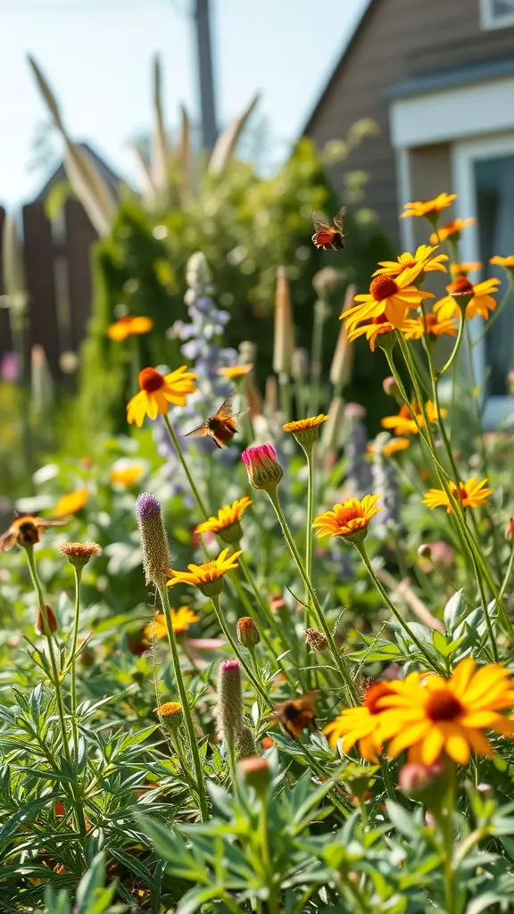 A vibrant cottage garden filled with yellow flowers and bees, showcasing a lively pollinator-friendly environment.