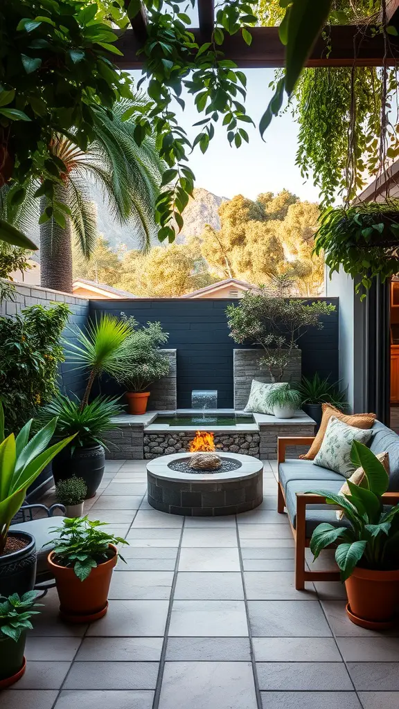 A cozy outdoor patio featuring a circular fire pit, comfortable seating, and lush greenery.