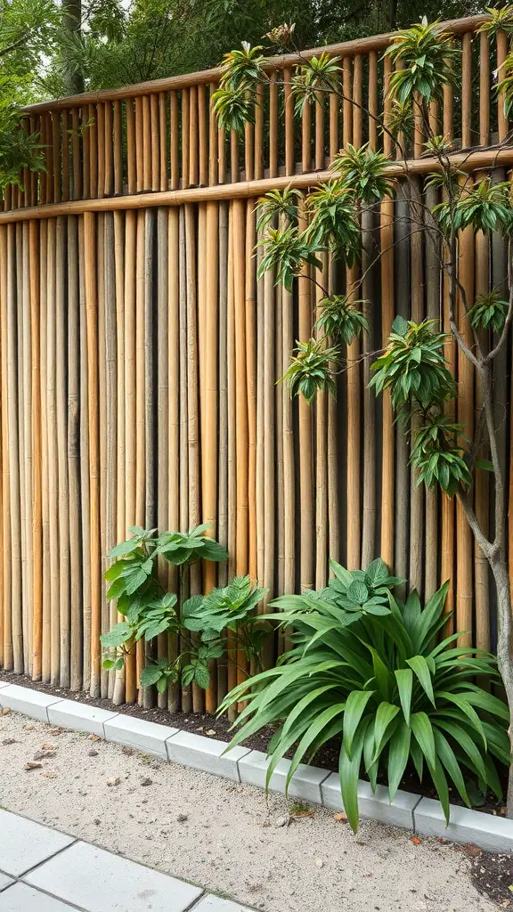 A bamboo fence providing privacy in a garden, surrounded by green plants.