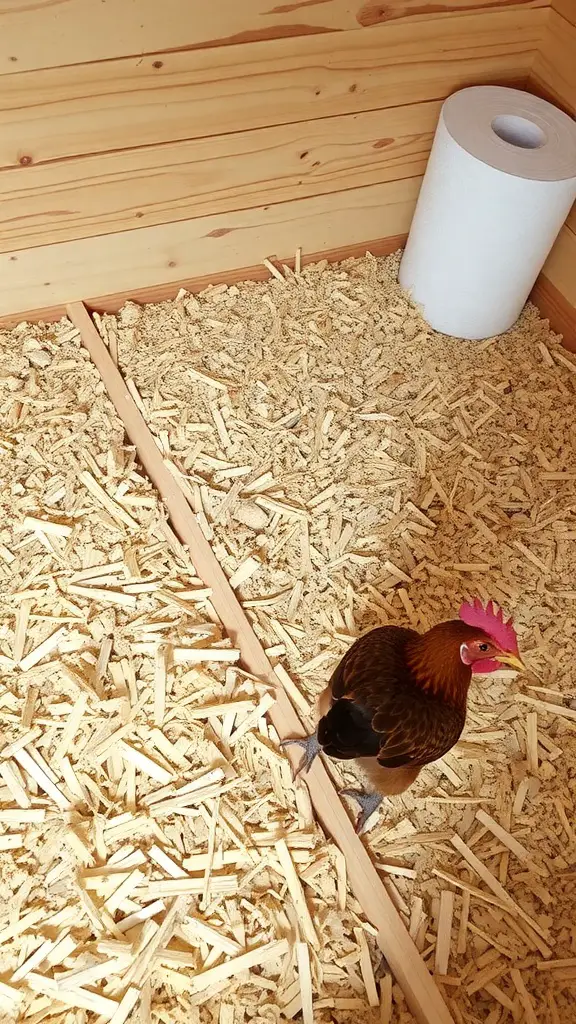 A chicken brooder with wood shavings bedding and a roll of paper towels.