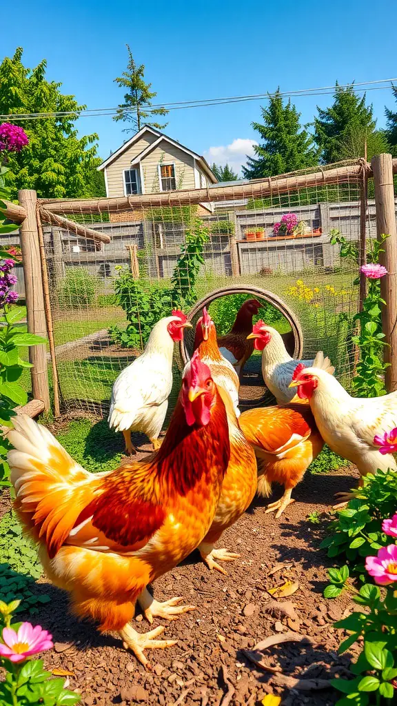 Chickens exploring a tunnel in a backyard garden