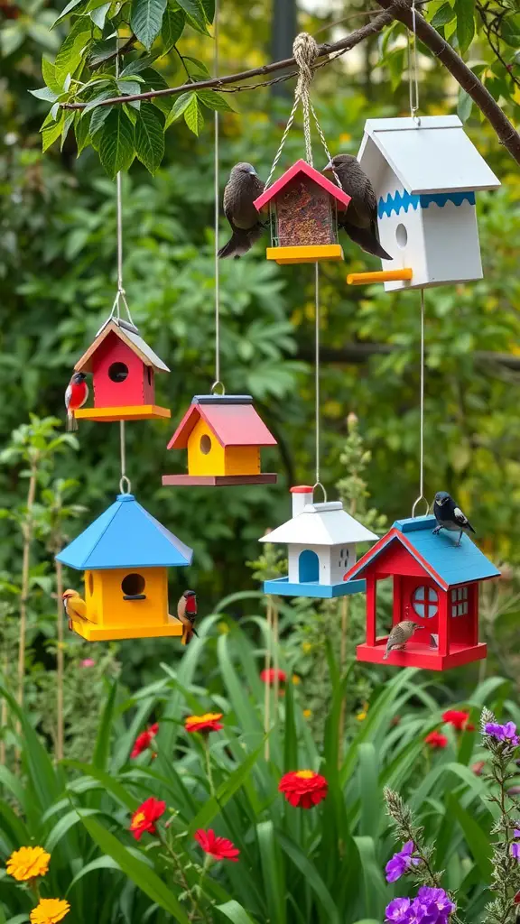 Colorful birdhouses and feeders hanging from a tree in a garden filled with flowers.