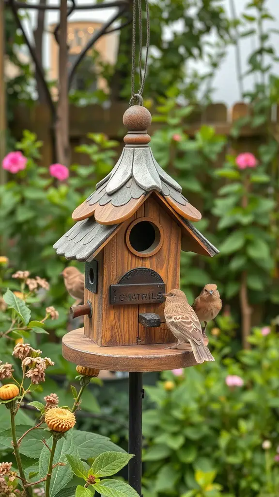 A wooden birdhouse with birds around it in a garden filled with flowers.