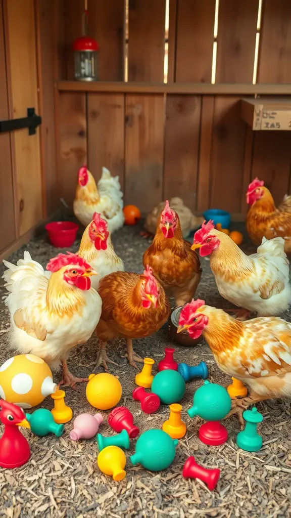 Chickens playing with colorful toys in a coop