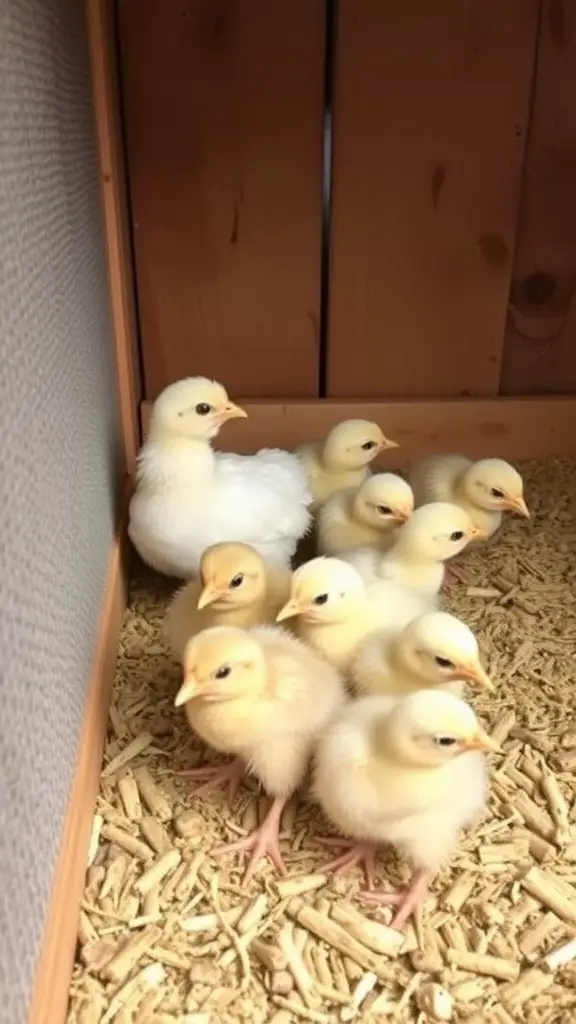 A brooder with several chicks inside, showing their cozy environment.