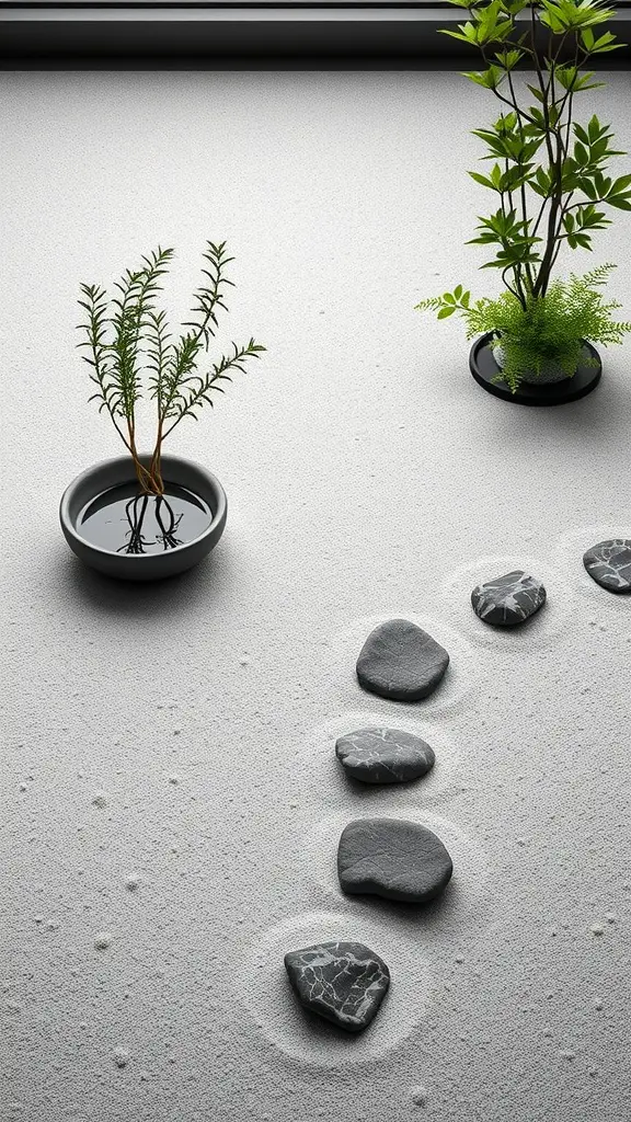 A serene Zen garden with sand, stones, and sparse plants.