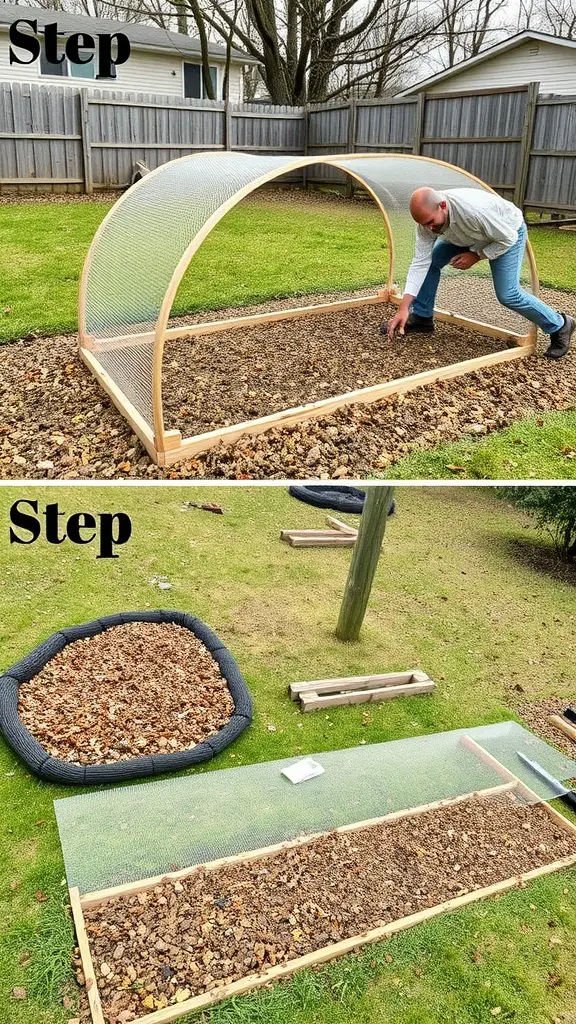Steps showing the construction of a chicken tunnel with a wooden frame and mesh cover.