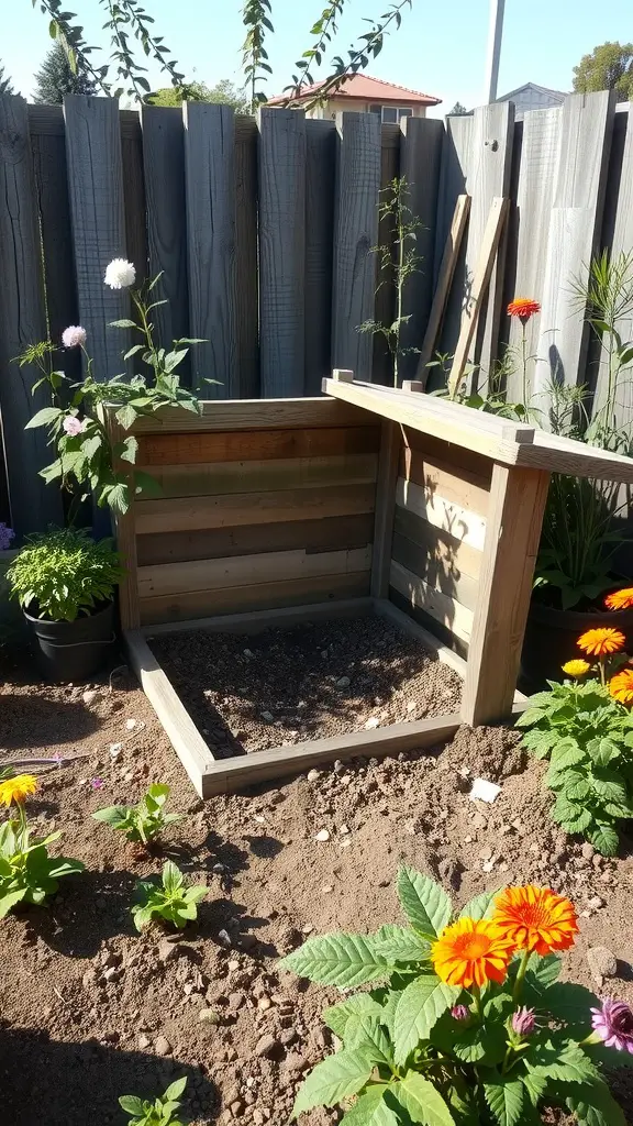 A small wooden compost bin in a garden surrounded by colorful flowers.