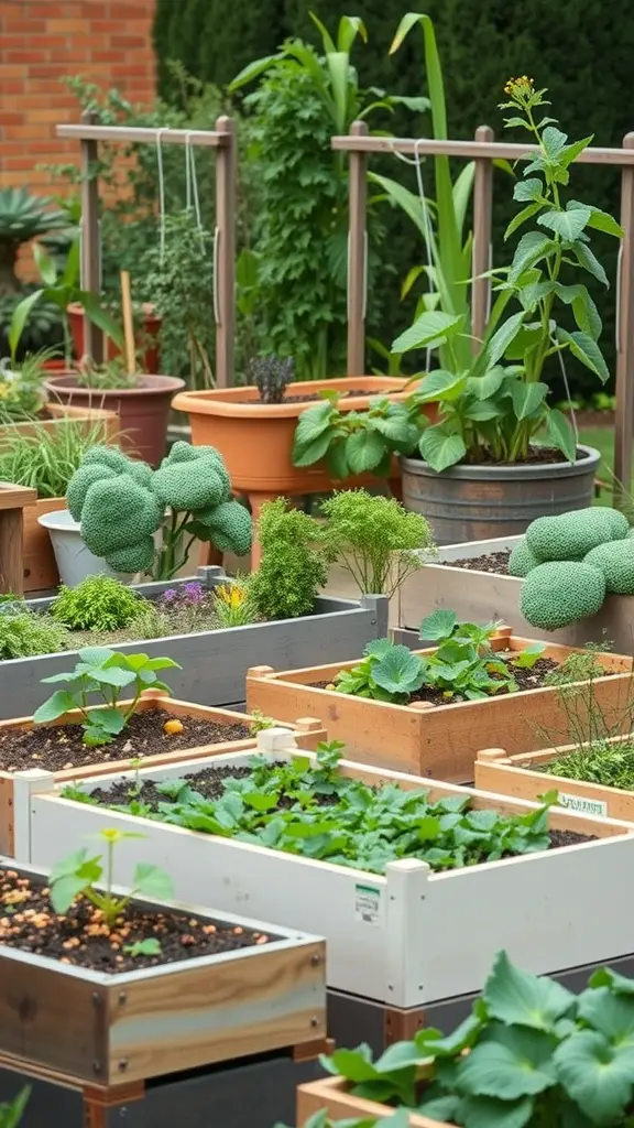 A vibrant garden with various raised garden beds filled with healthy plants.