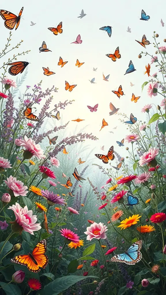 A vibrant garden filled with butterflies and colorful flowers.