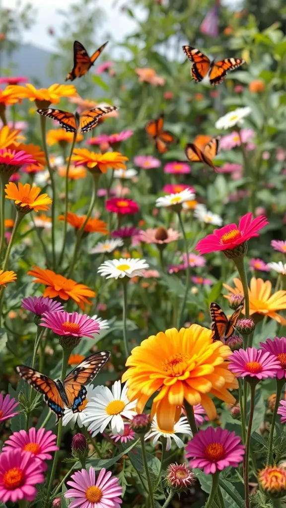 A colorful butterfly garden filled with various flowers and butterflies.