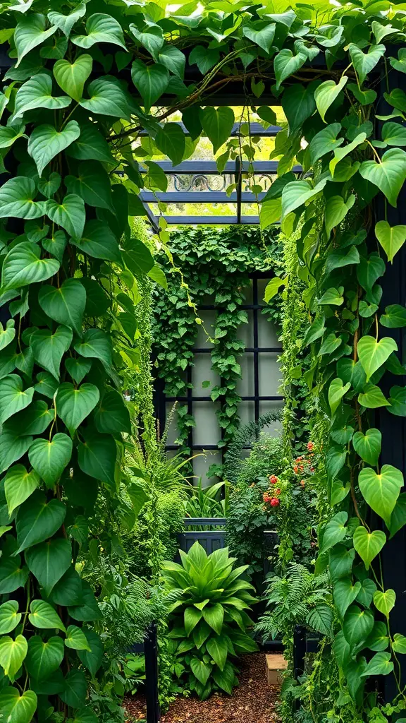 A lush garden with cascading green vines creating a natural archway.