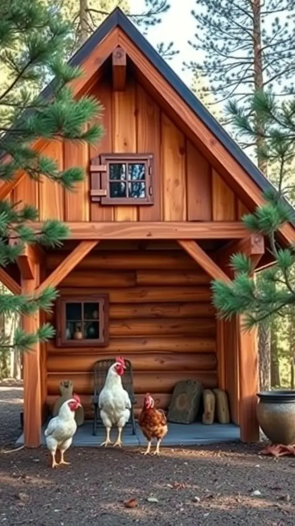 Chalet-style chicken coop with three chickens in front, surrounded by trees
