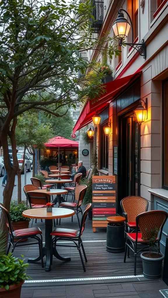 Outdoor bistro with round tables, red chairs, and umbrellas, creating a cozy atmosphere.