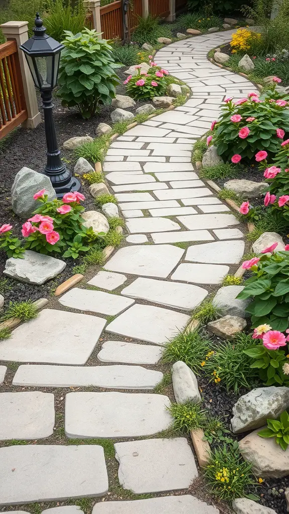 A winding stone pathway surrounded by colorful flowers and a lantern.