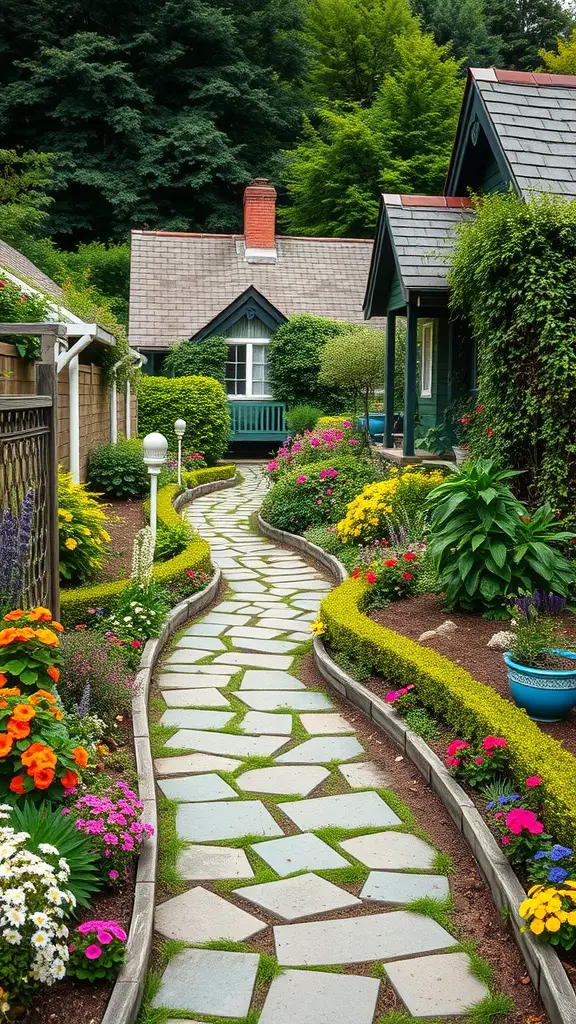 A charming stone pathway winding through a colorful cottage garden filled with flowers and greenery.
