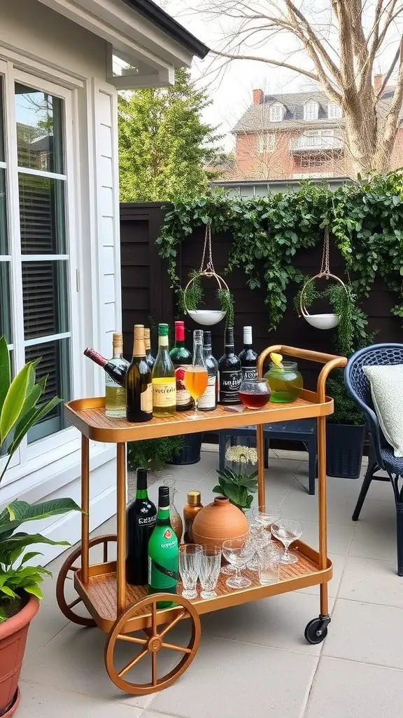 A stylish outdoor bar cart with various drinks and glassware, surrounded by greenery.