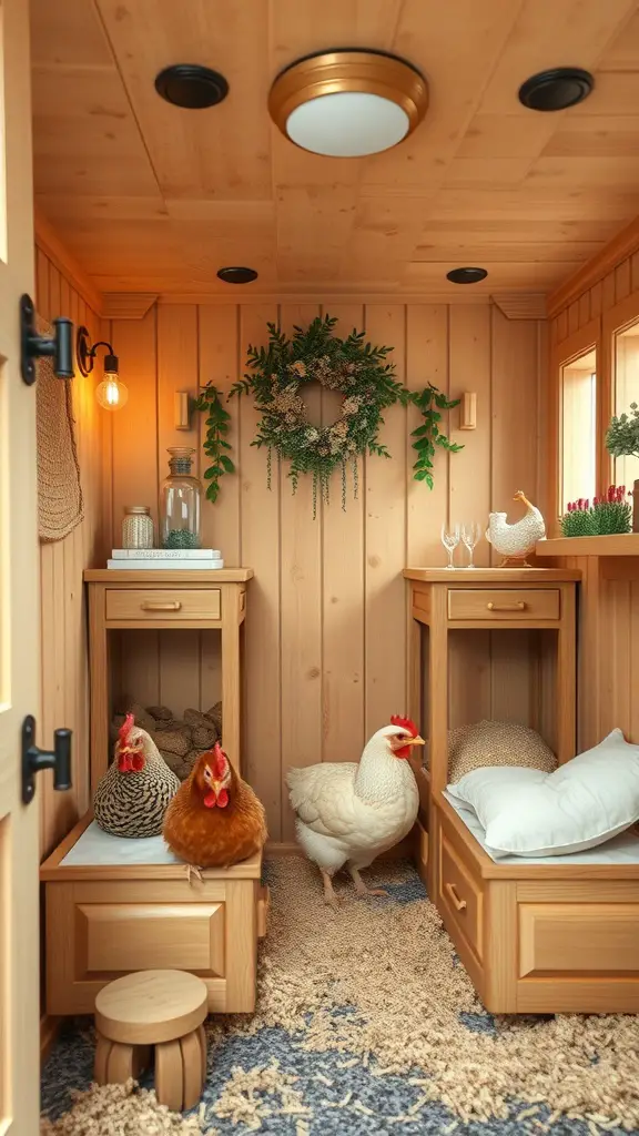 Interior of a stylish chicken coop with wooden walls, cozy sleeping areas for chickens, and decorative elements like a wreath and greenery.