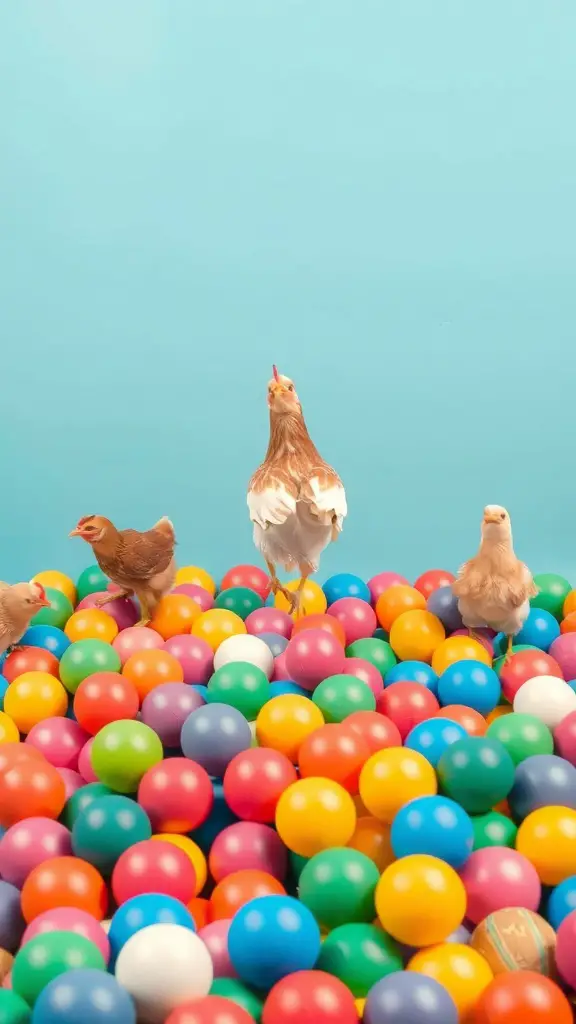 Chickens playing in a colorful ball pit filled with plastic balls.
