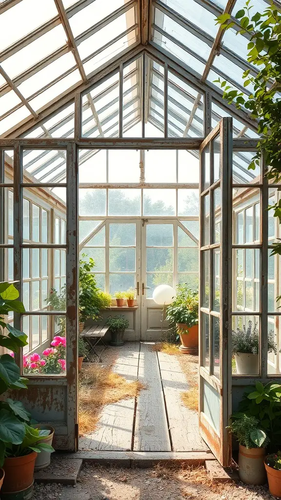 A chicken cage made from old windows, resembling a greenhouse, with open doors and plants around it.