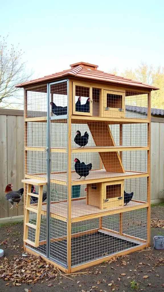 A vertical chicken cage tower with multiple levels and chickens inside.