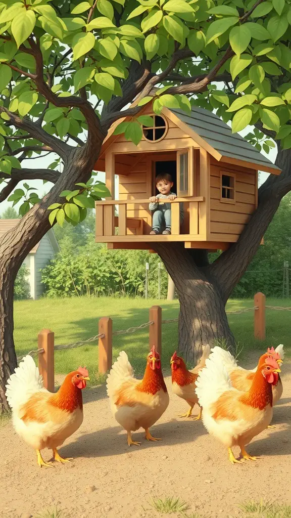 A treehouse with a child sitting on the balcony, surrounded by chickens roaming below.