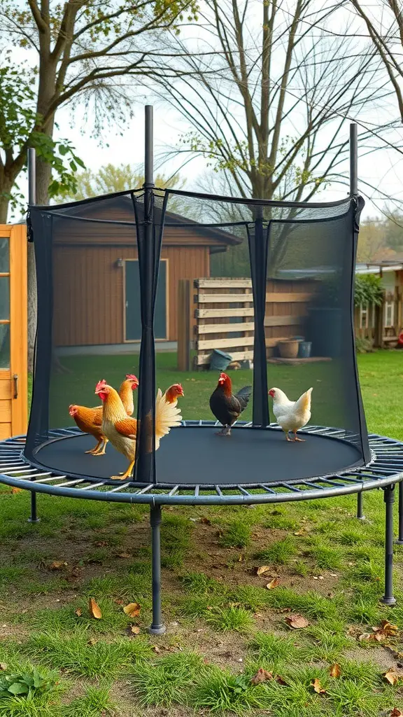 Chickens inside a pen made from an old trampoline, surrounded by grass and trees.