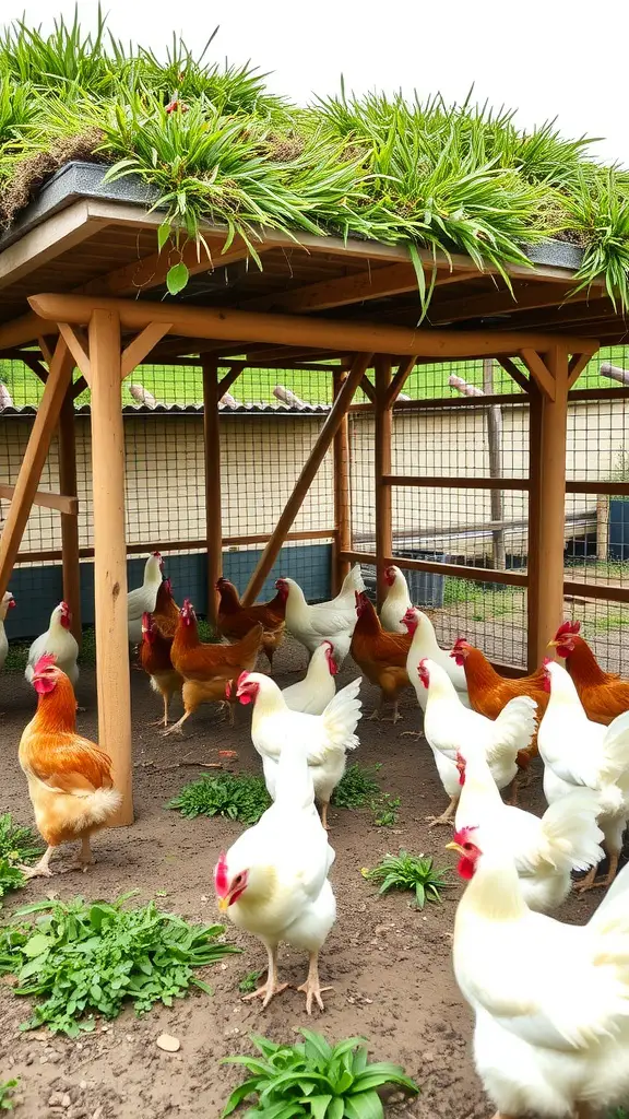 A chicken pen featuring a green roof with chickens inside.