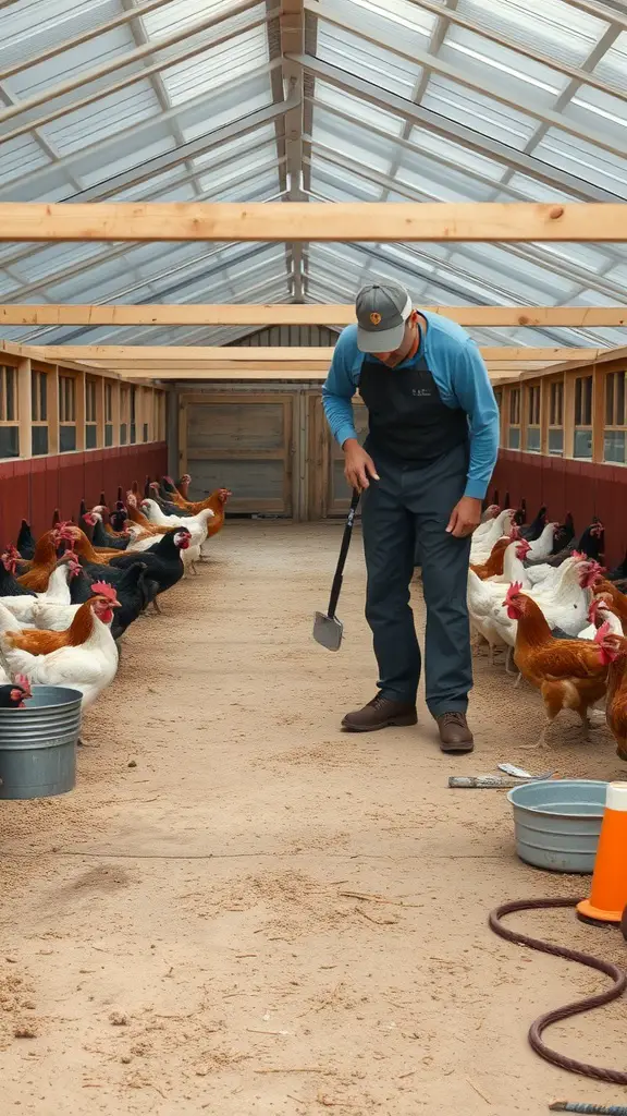 A person cleaning a chicken run with chickens around.