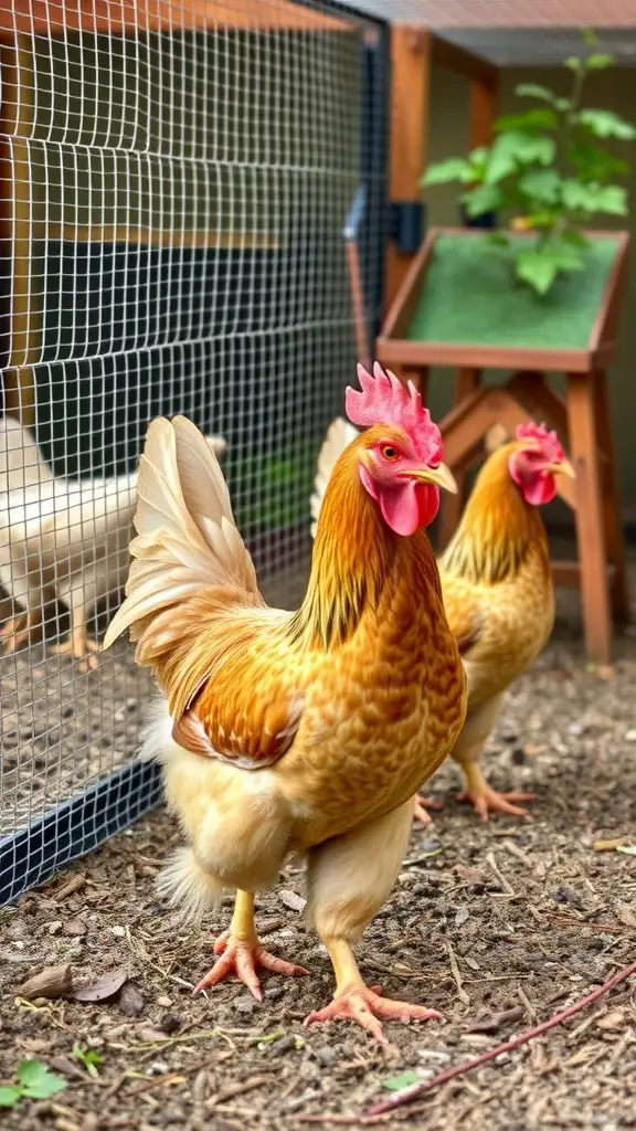 A safe and well-maintained chicken run with chickens roaming freely.