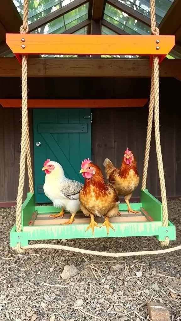 Three chickens sitting on a colorful swing in a coop