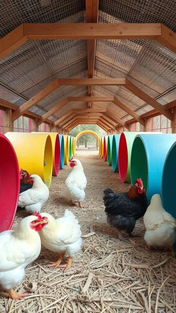 Colorful chicken tunnels in a coop with chickens exploring