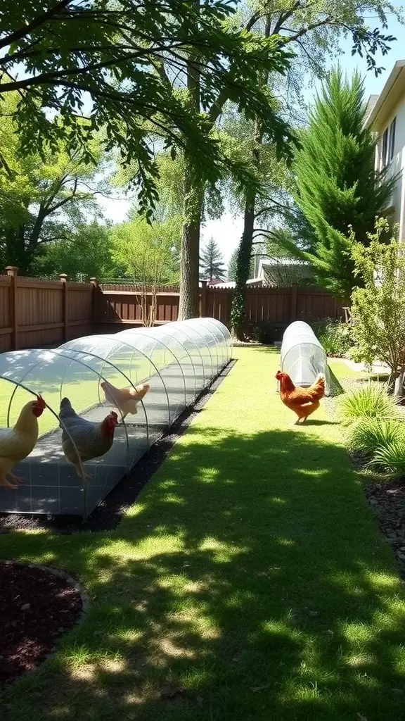 Chickens in a backyard chicken tunnel with clear covers and green grass.