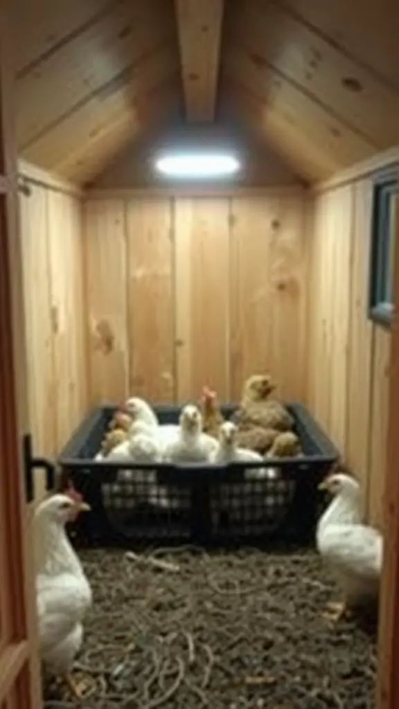 A cozy brooder inside a chicken coop with several chicks gathered in a basket.