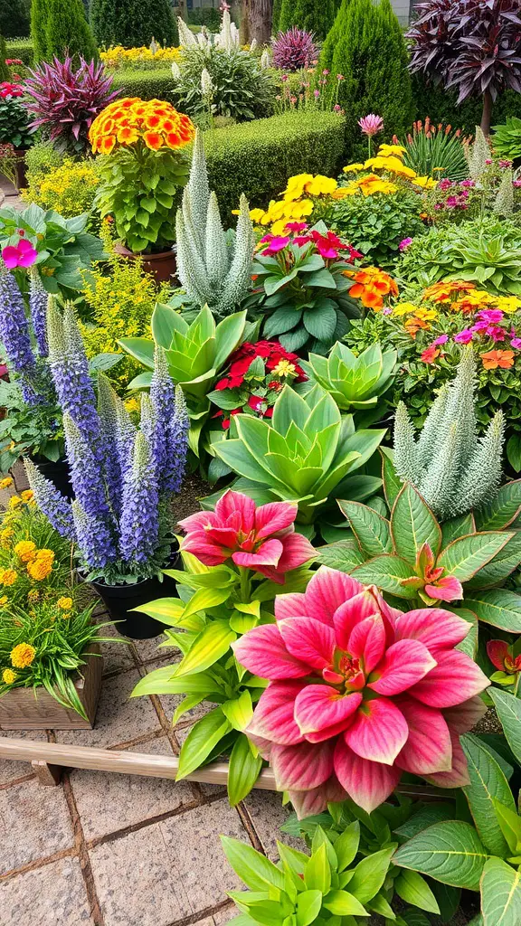 A colorful garden filled with various flowers and greenery, showcasing a mix of vibrant blooms.