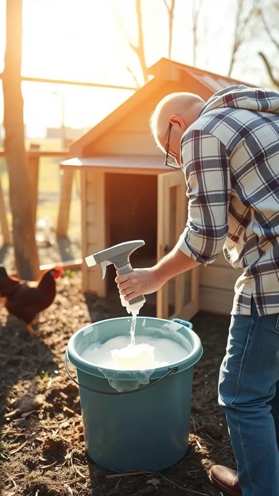 A person cleaning a 5-gallon bucket for a chicken waterer with chickens in the background.