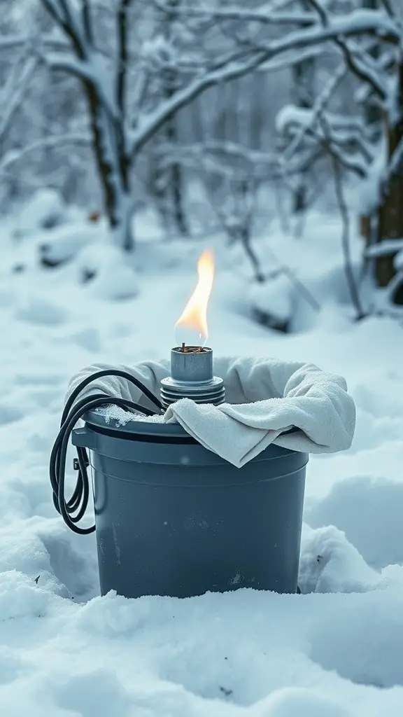 A 5-gallon bucket with a heating element in the snow, designed to prevent freezing.