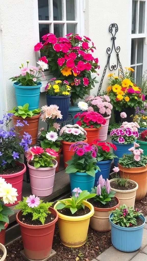 A colorful display of various flower pots arranged on steps, showcasing a variety of blooms.