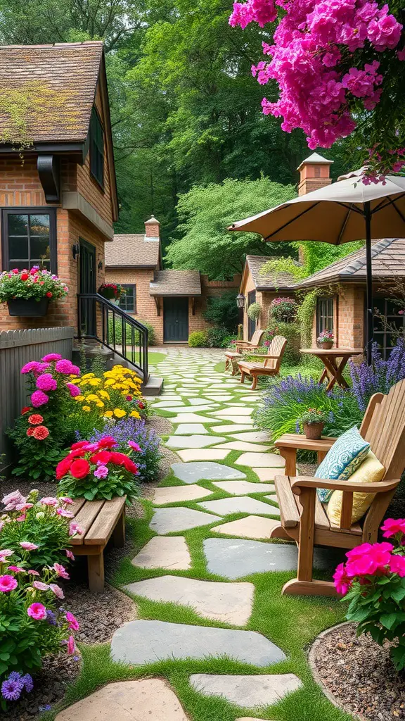A colorful cottage garden with a stone pathway, vibrant flowers, and cozy seating areas.