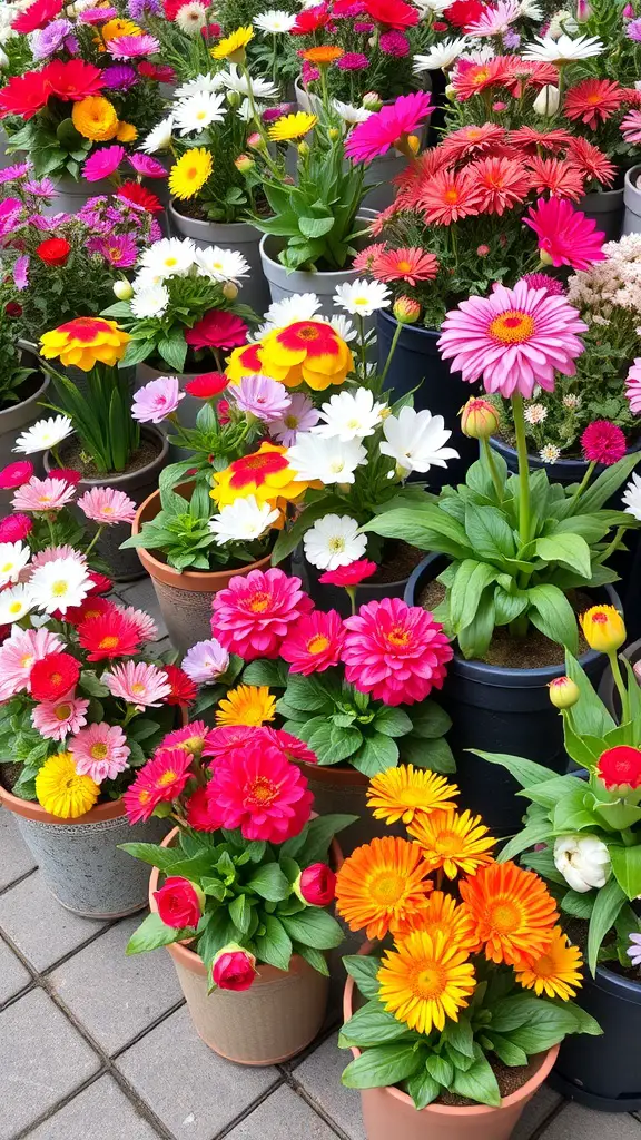 Colorful flower arrangements in pots, featuring pink, yellow, and white blooms.