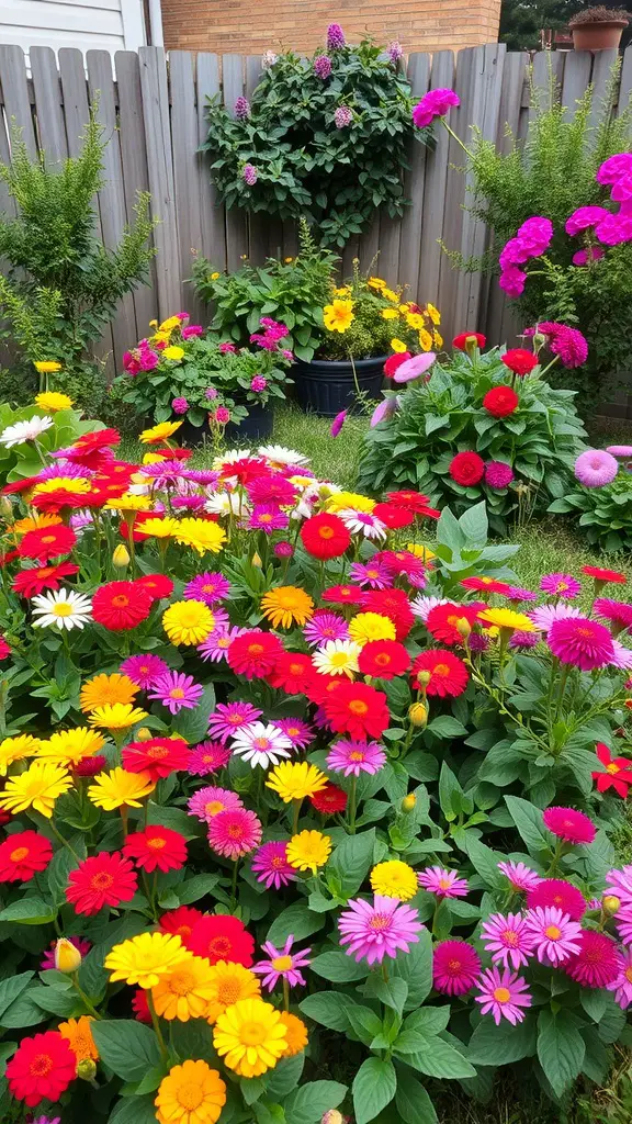 A vibrant flower bed filled with red, yellow, pink, and purple flowers in a backyard setting.