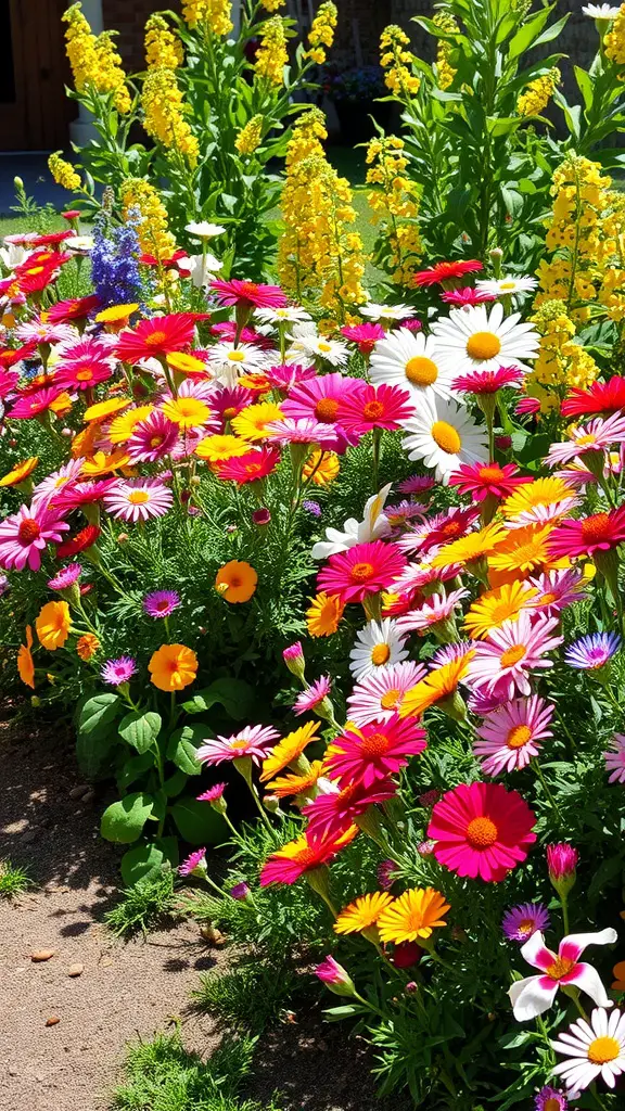A vibrant flower border with pink, yellow, and white flowers in a garden.