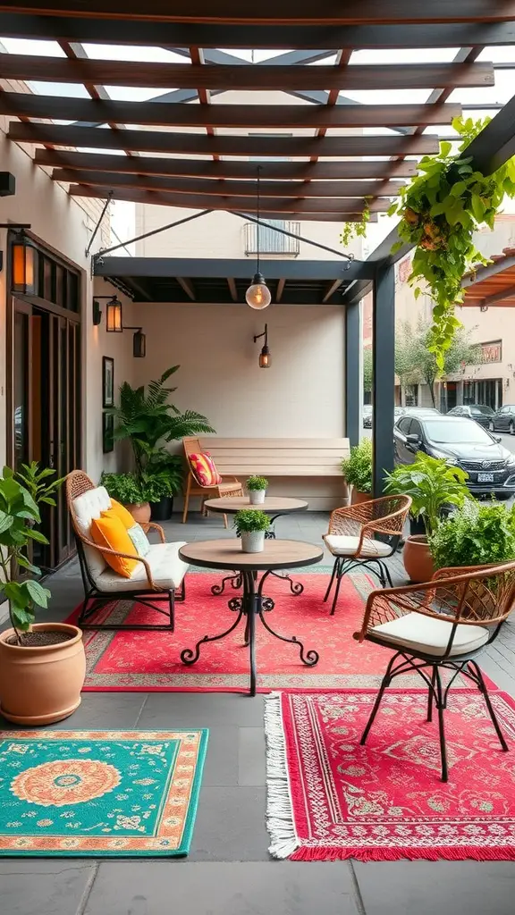 A cozy outdoor patio featuring colorful rugs, plants, and seating.